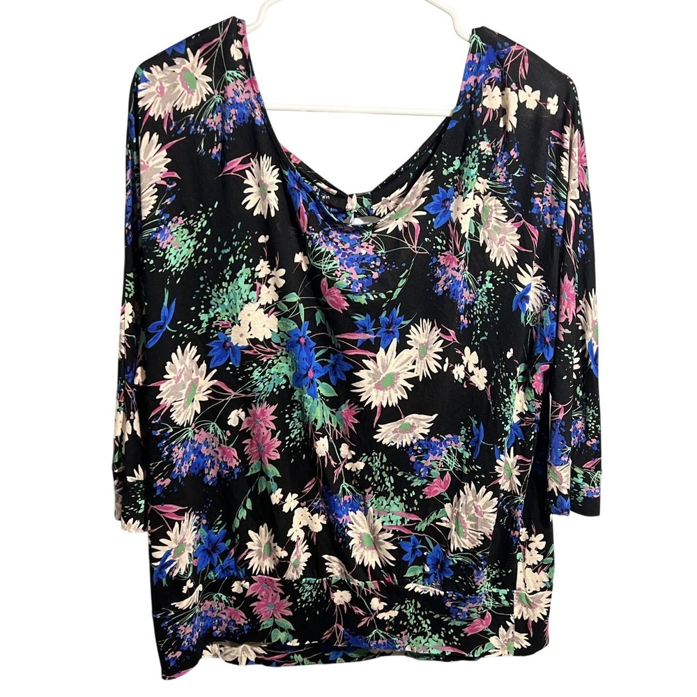 LC Lauren Conrad Women's XL Black Floral Draped Cowl Neck 3/4 Sleeve Blouse Top